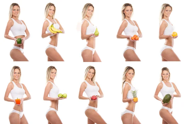 Collage einiger Fotos mit sportlichen Mädchen und Früchten — Stockfoto