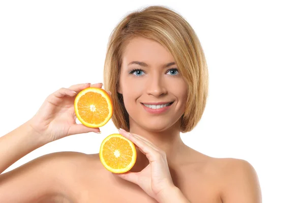 Portré oy fiatal és egészséges nő-narancs — Stock Fotó