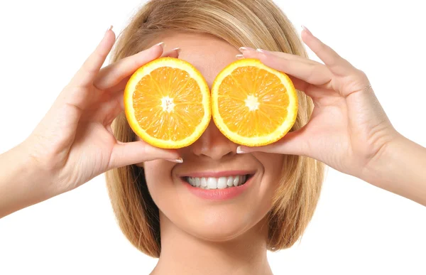 Portrait oy young and healthy woman with orange — Stock Photo, Image