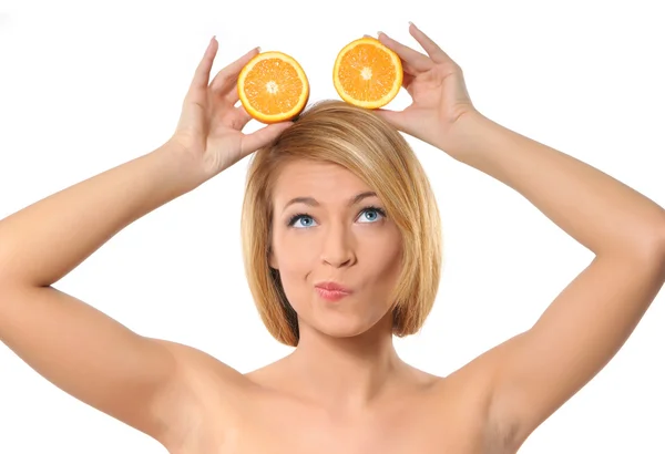 Portrait oy young and healthy woman with orange — Stock Photo, Image