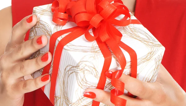 Portrait of young, sexy female hands with a present — Stock Photo, Image