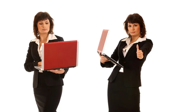 Attraktive Geschäftsfrau mit Notizbuch auf Weiß — Stockfoto