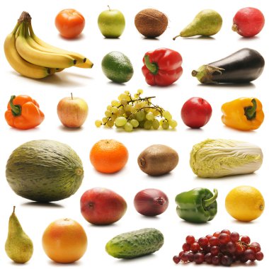 birçok farklı meyve ve sebzeler üzerinde beyaz izole