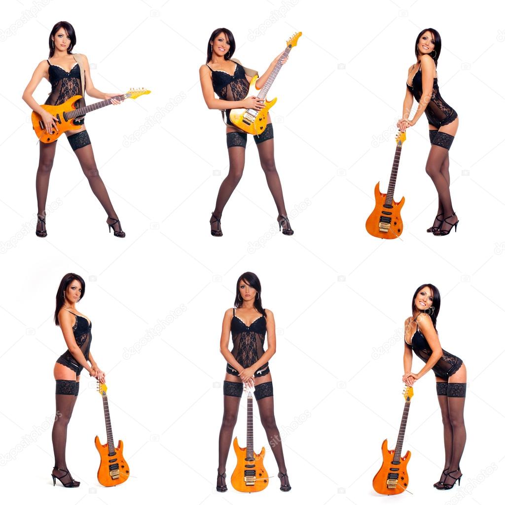 Sexy female guitar player in fetish lingerie