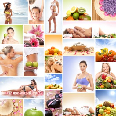 Spa, massaging, fitness and nutrition - collage clipart