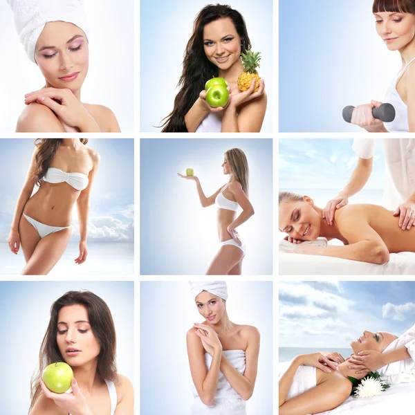 Sport, massaggi, fitness e sana alimentazione collage — Foto Stock