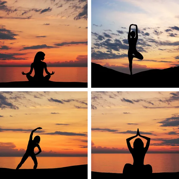 Silhouette einer jungen Frau beim Yoga vor dem Hintergrund des Sonnenuntergangs — Stockfoto