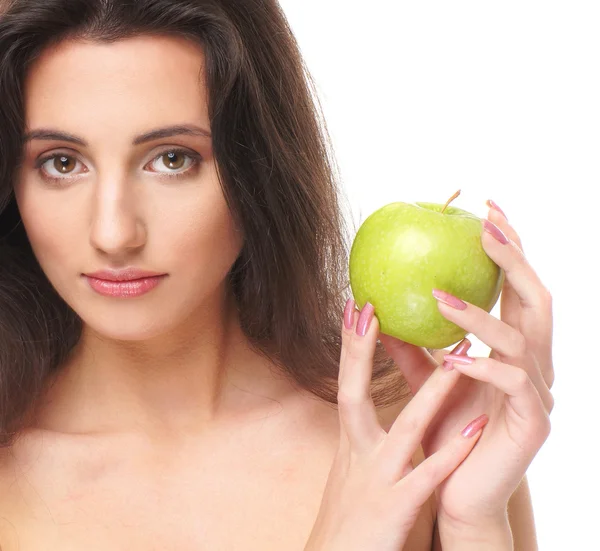 Portrait de jeune belle fille avec pomme isolé sur blanc — Photo