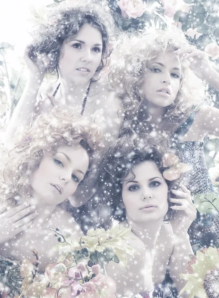 Fashion shoot of young beautiful nymphs in the abstract winter forest — Stock Photo, Image