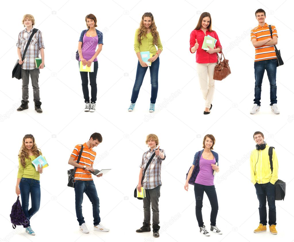 Group of smiling teenagers staying together and looking at camera