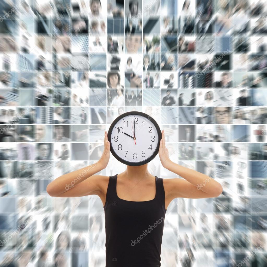 Young woman with the watches over the abstract business collage