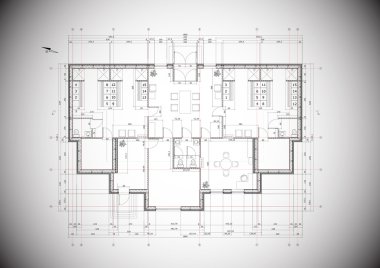 A grey vector detailed blueprint of a typical house construction