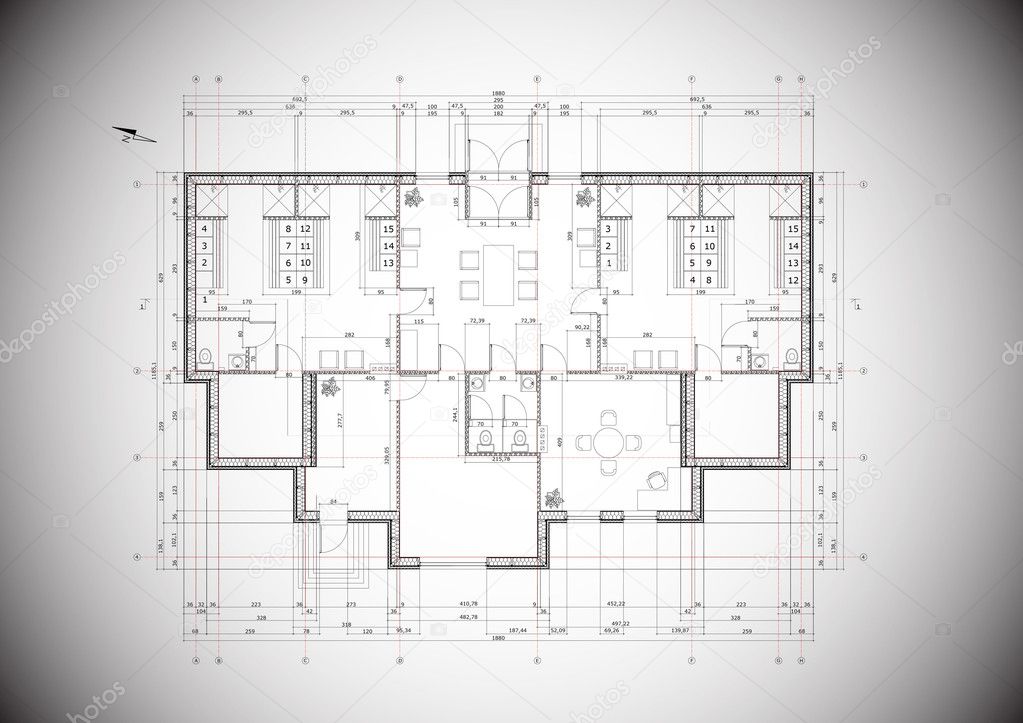 A grey vector detailed blueprint of a typical house construction