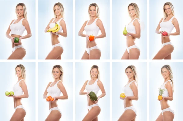 Collage de algunas fotos con chica deportiva y frutas — Foto de Stock