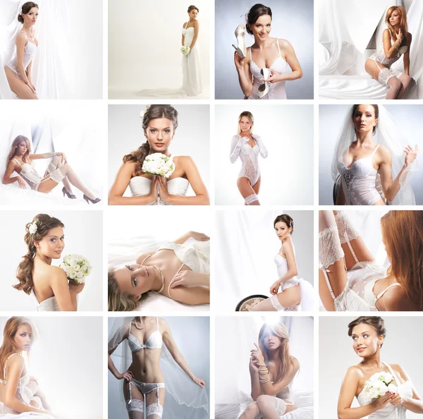 Women in a different bridal lingerie and dresses — Stock Photo, Image