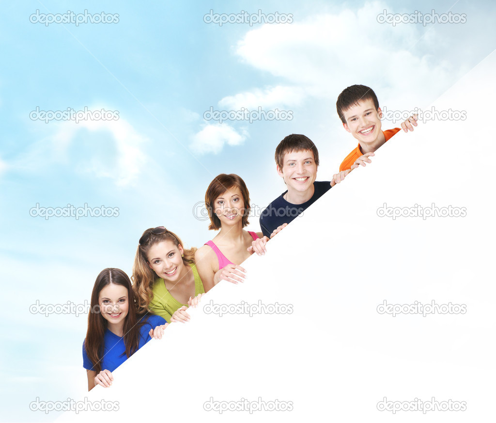 Group of teenagers with a giant, blank