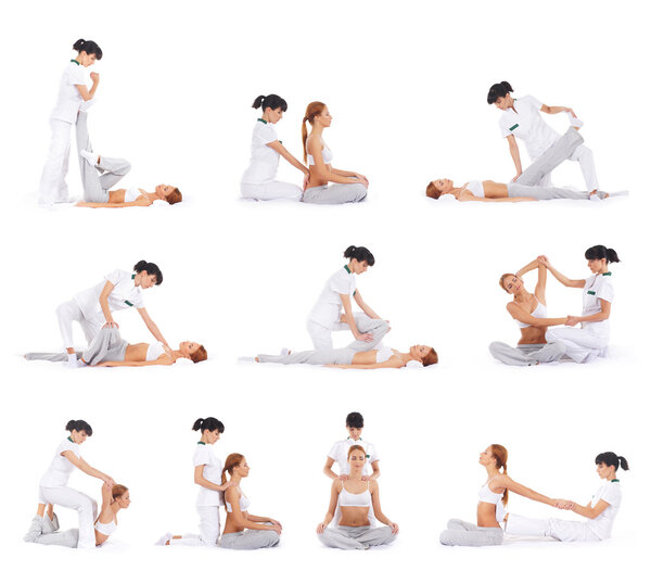 A collage of images with young women in Thai massage