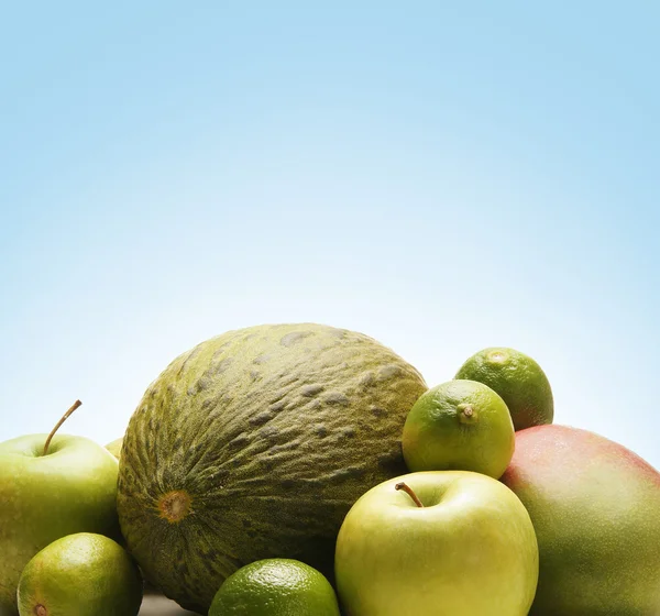 Pile of fresh and tasty fruits and vegetables isolated on white — Stock Photo, Image