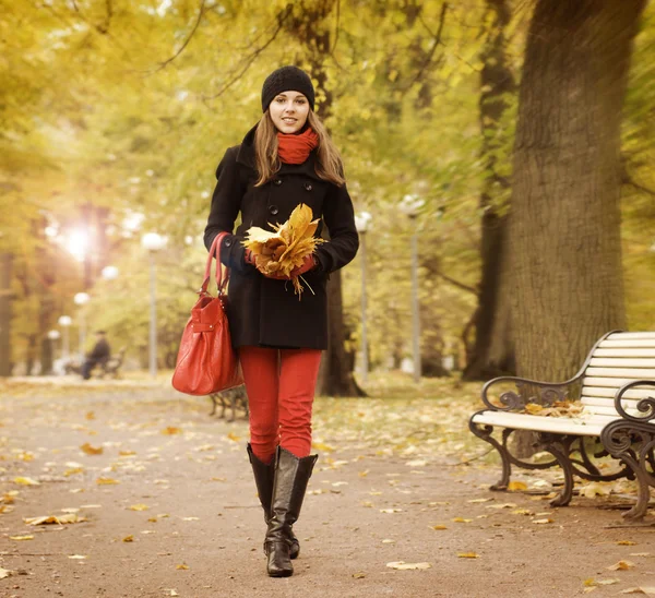 Όμορφη και ευτυχισμένη γυναίκα με ένα μπουκέτο από τα Φθινοπωρινά φύλλα — Φωτογραφία Αρχείου