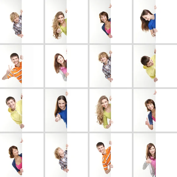 A collage of happy teenagers holding white banners. Stock Image