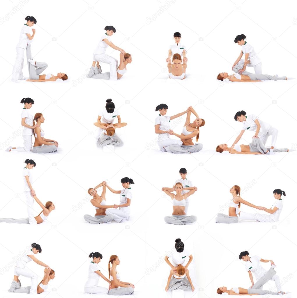 A collage of young women on a Thai massage procedure.