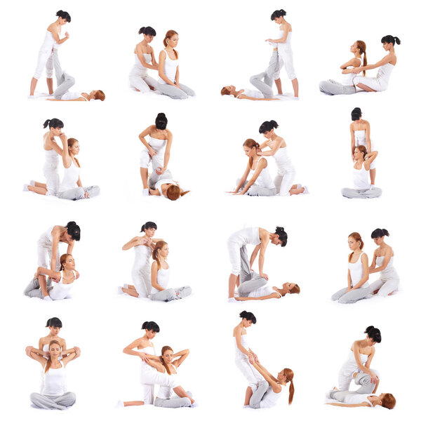 A collage of images with young woman on Thai massage