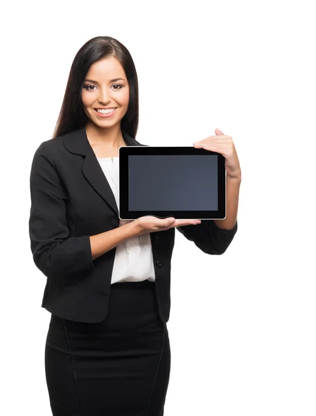 Genç iş kadını ile bir tablet bilgisayar — Stok fotoğraf