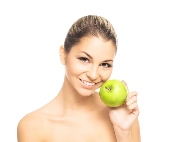 Portrait of a young naked woman holding an apple — Stock Photo, Image