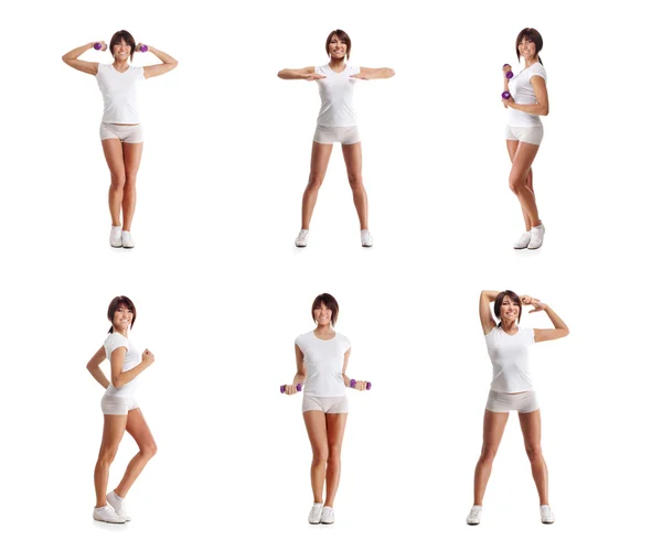 A collage of young women working out with dumbbells — Stock Photo, Image