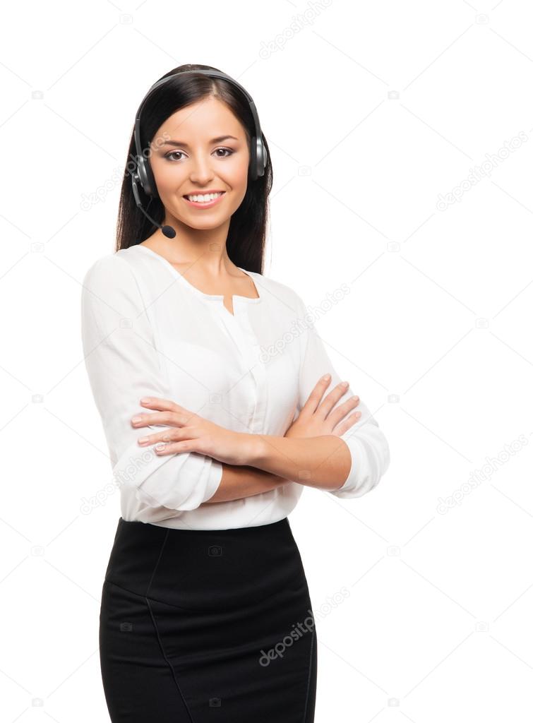 A young female customer support operator on a white background