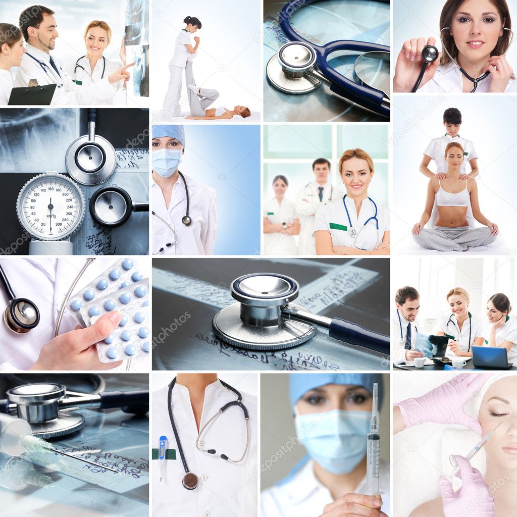 A collage of medical workers and tools