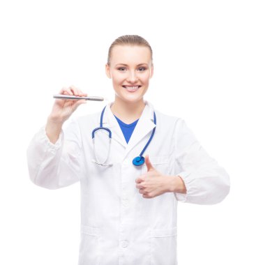 Doktor, profesyonel, genç ve neşeli kadın