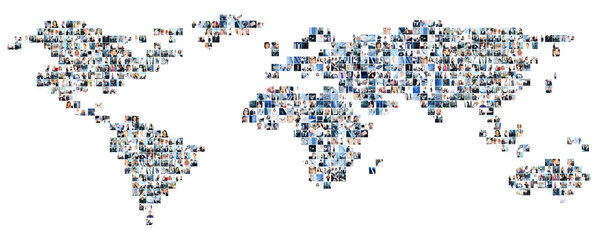 Collage of different business pictures collected as world map. Finance, success, technology, communication, market, time and money concept.