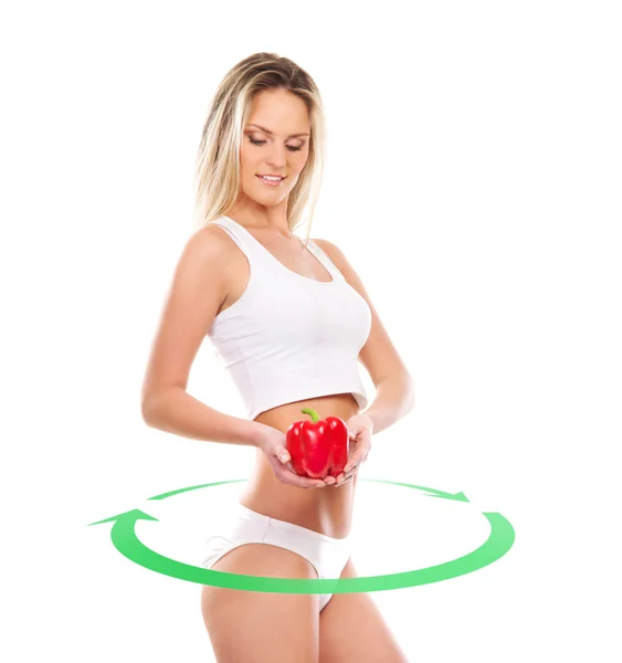 Menina sexy nova com fruta exótica isolada no branco — Fotografia de Stock