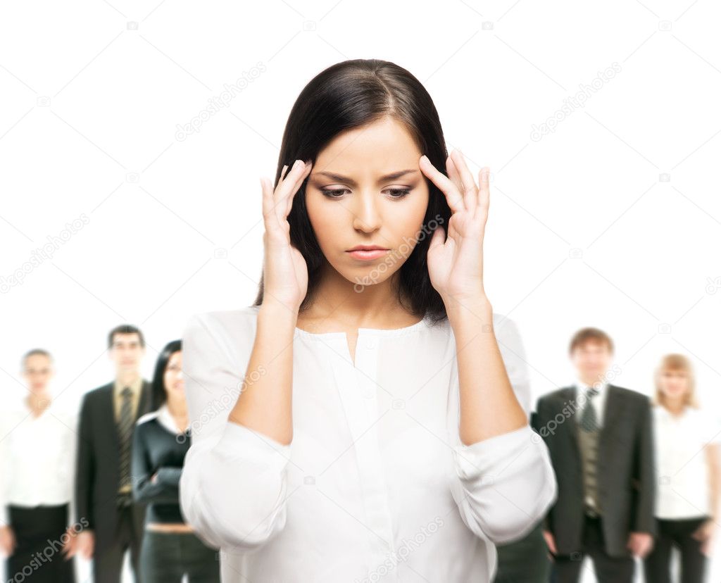 Tired and upset business woman in stress isolated on white