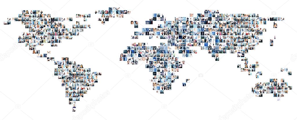 Collage of different business pictures collected as world map. Finance, success, technology, communication, market, time and money concept.