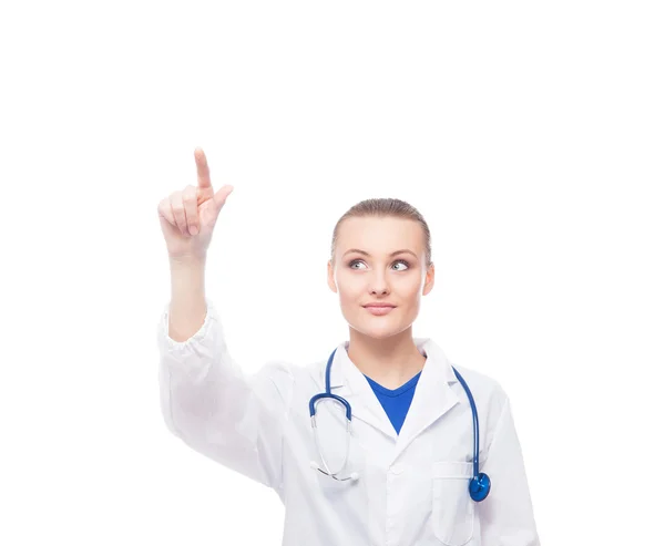 Doctor woman pushing an imaginary button — Stock Photo, Image