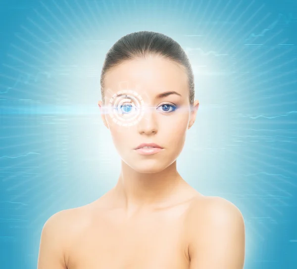 Woman with the hologram on her eyes — Stock Photo, Image