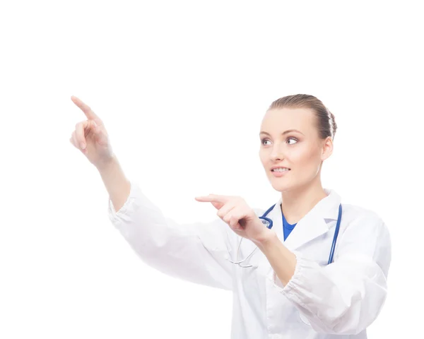 Ärztin drückt einen imaginären Knopf — Stockfoto