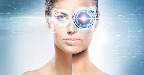 Woman with the laser hologram on her eyes — Stock Photo, Image