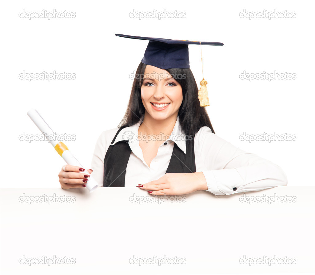 Graduate girl with a blank banner