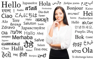 Businesswoman with a different world languages clipart