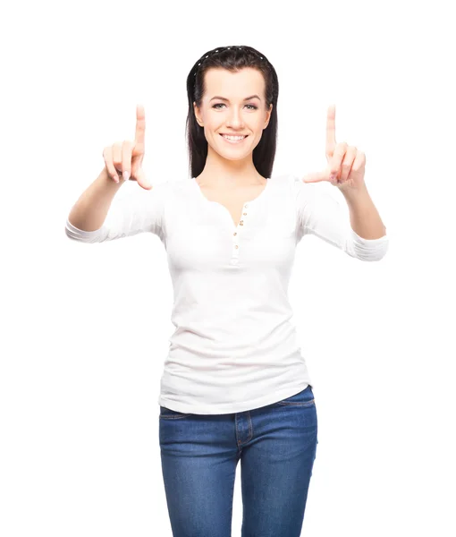 Girl pressing imaginary button — Stock Photo, Image