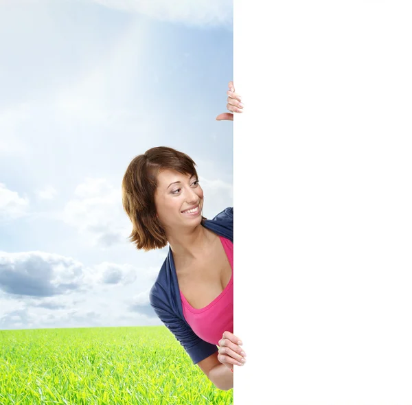 Girl with the blank banner. Perfect space to put any text. — Stock Photo, Image