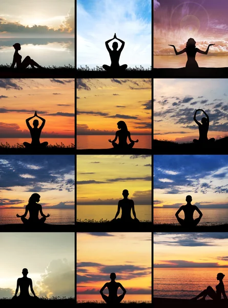 Silhouette einer Frau bei Yoga-Übungen — Stockfoto