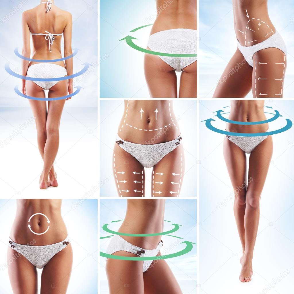 Collage of female bodies on a light blue background