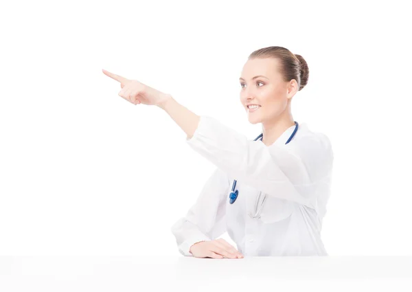 Doktor žena tlačí imaginární tlačítko — Stock fotografie