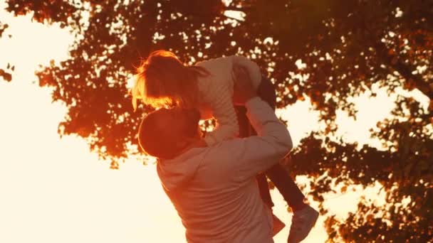 Sevgi dolu aile gün batımında kırsalda dolaşır. Baba kızıyla oynuyor. Aşk kavramı, aile bakımı ve çocuklar.. — Stok video