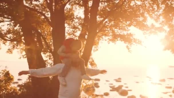 Amar los paseos familiares en el campo durante el atardecer. Papá juega con su hijo. El concepto de amor, cuidado parental e hijos. — Vídeos de Stock