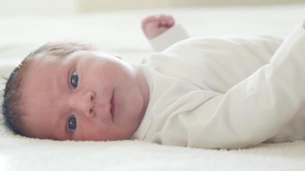 Close-up portrait of a young baby who has recently been born. Newborn infant boy at home. Window light. — Stock Video